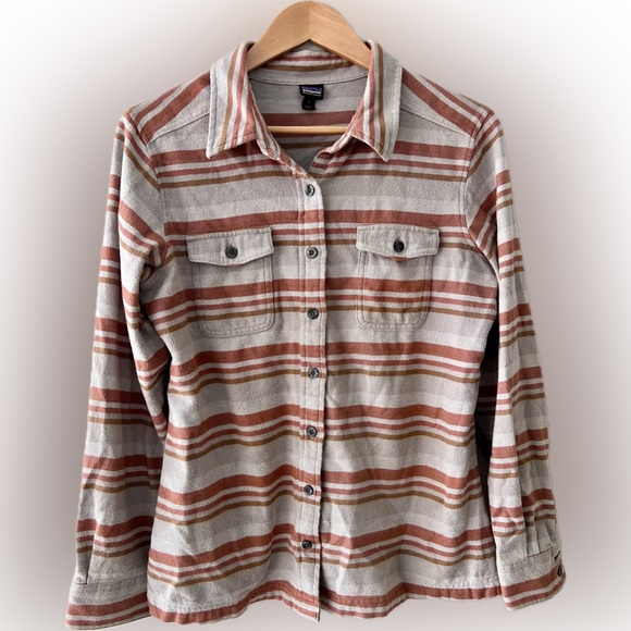 Patagonia Tops - Women’s Patagonia Orange & Grey Striped Organic Cotton Fjord Flannel